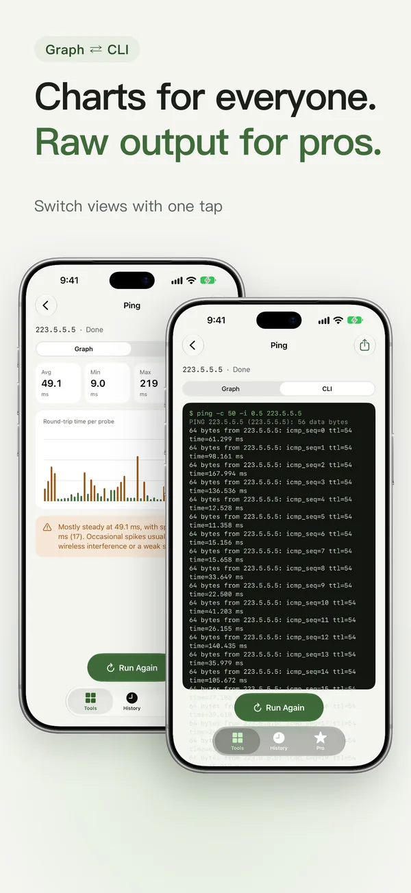 Pingmoss showing its graph and CLI views